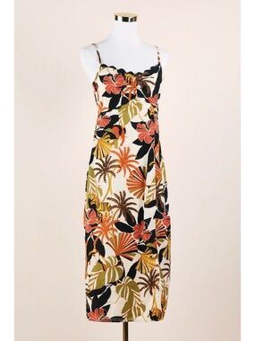 Sz M Junior’s ROW A Scalloped Palm Tree Printed Slip Midi Dress In Brown EUC
